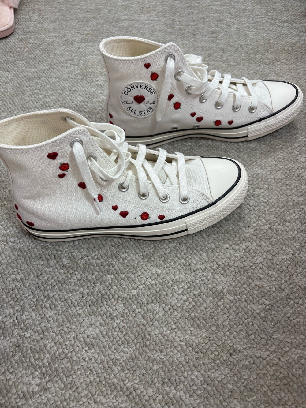 Limited edition; Converse White High-Top Sneakers with Red Heart Accents